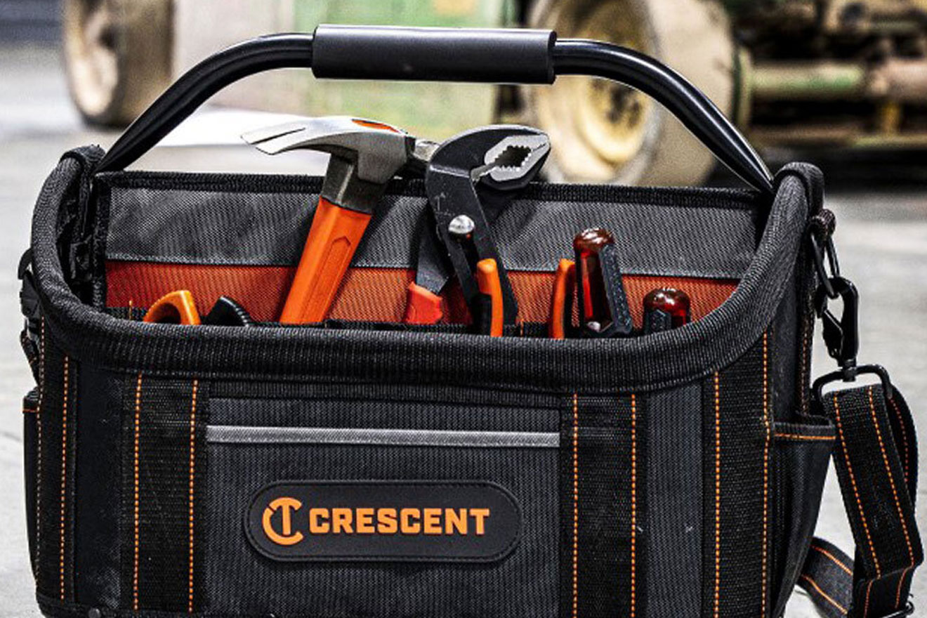 a photo of a Crescent Tools tool bag filled with hand tools