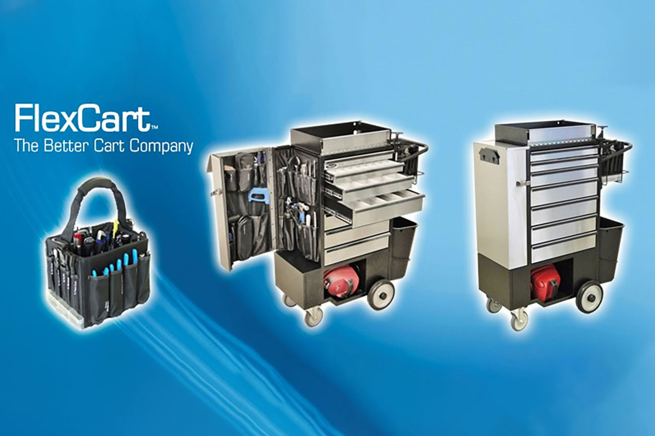 a header graphic showing 3 FlexCart models against an abstract blue background