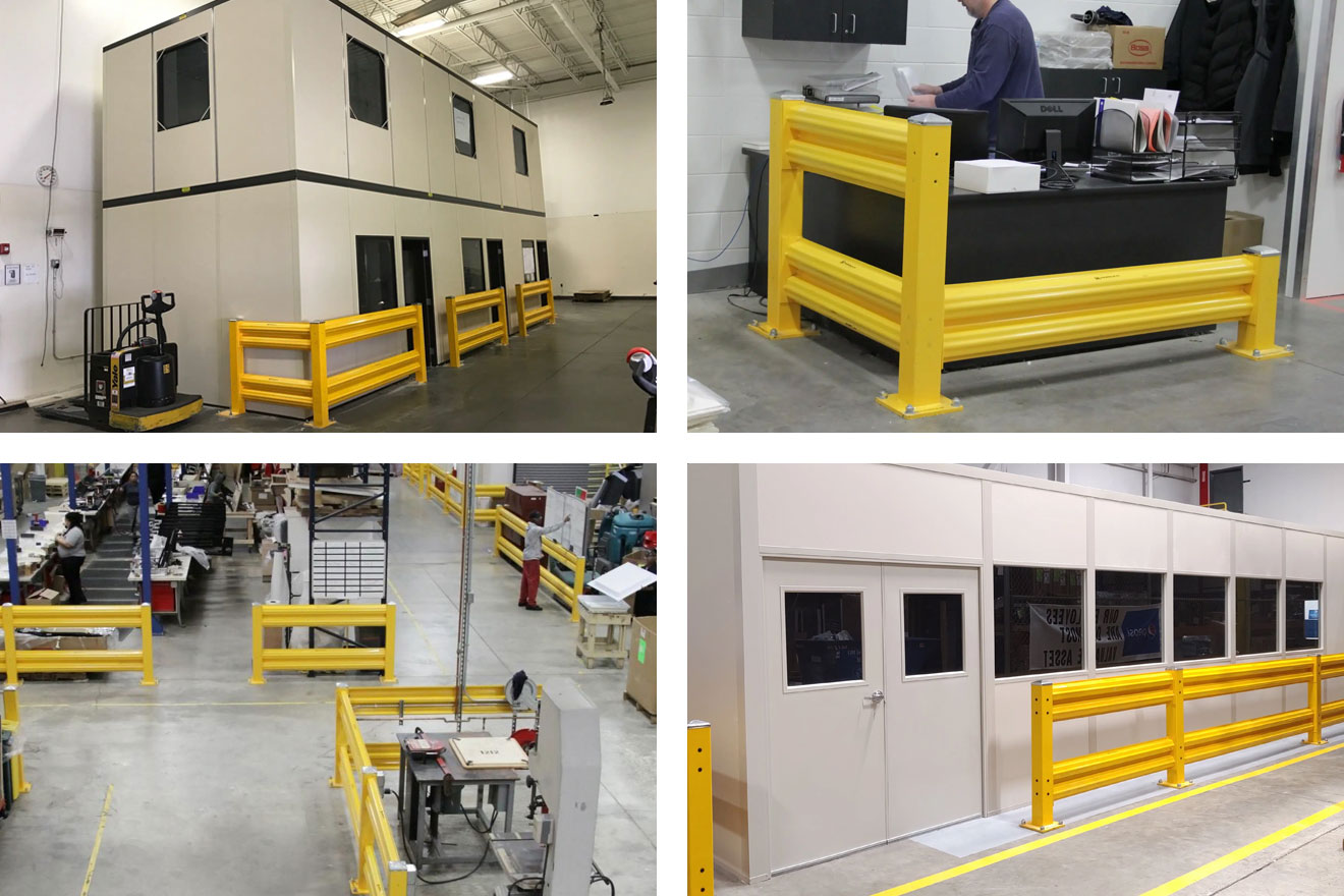 a collage of various Handle It Heavy-Duty Guard Rail Kits installed in different warehouses