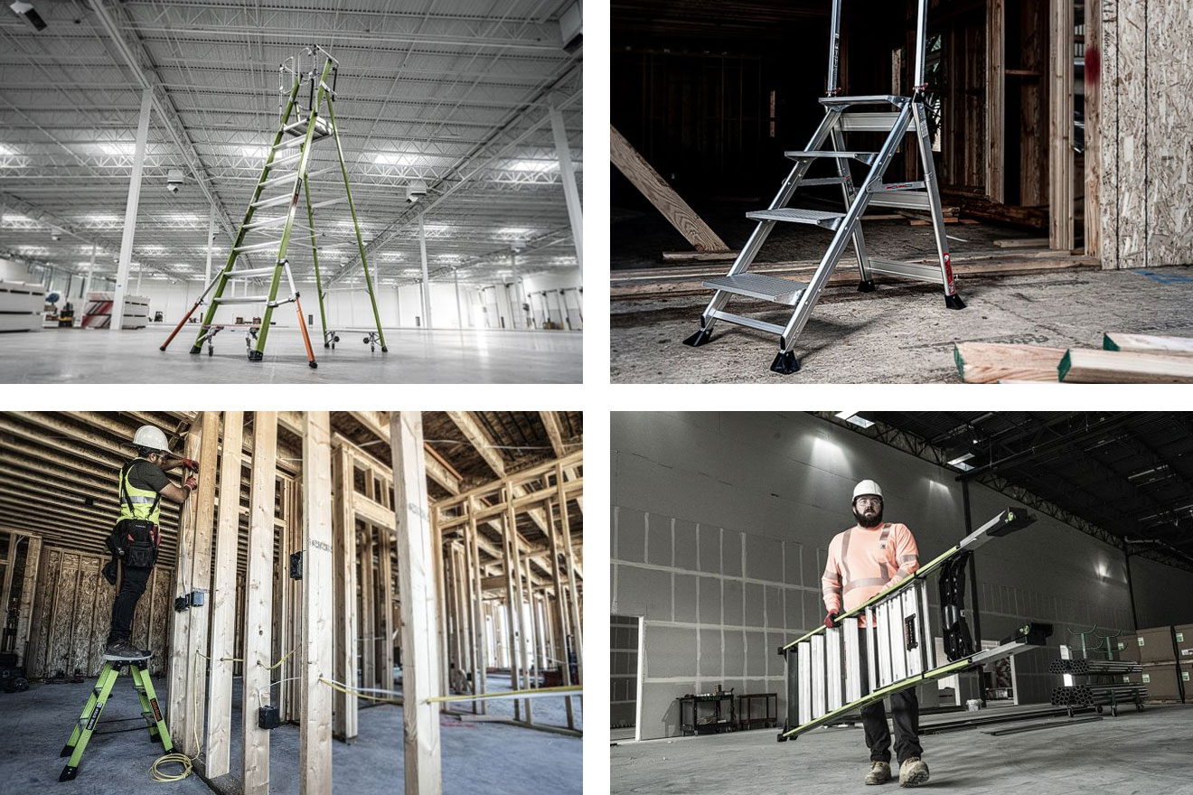 a photo of four different Little Giant Ladders in use at various jobsites and warehouses
