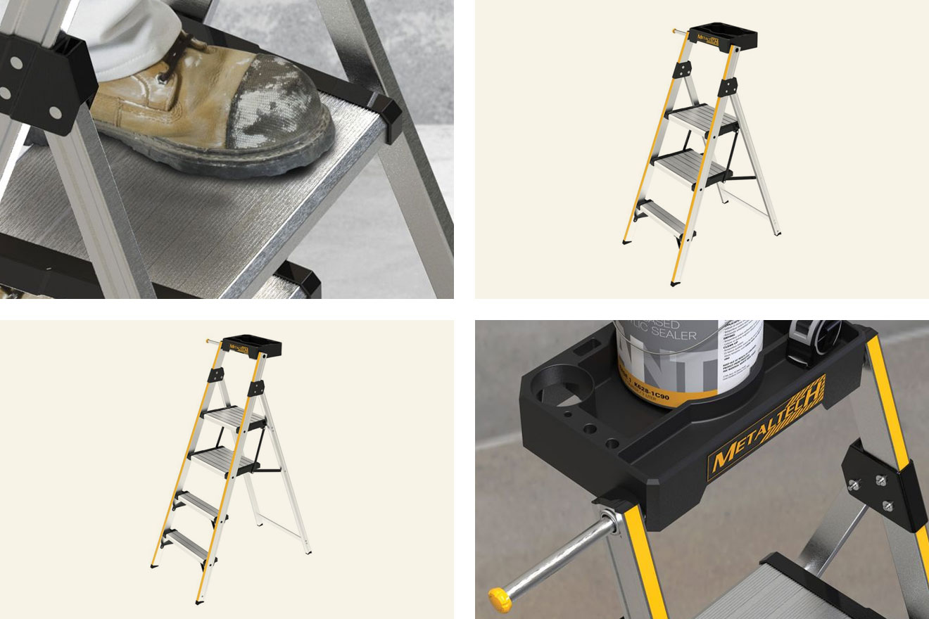 a photo collage of the new Metaltech pro grade aluminum step stools