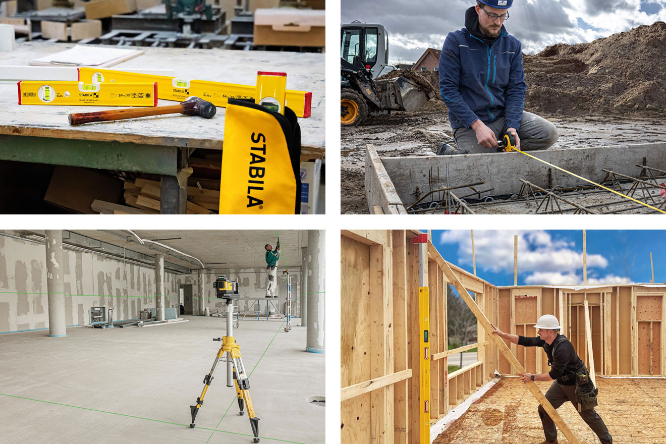 a photo collage of various Stabila tools being used on construction sites
