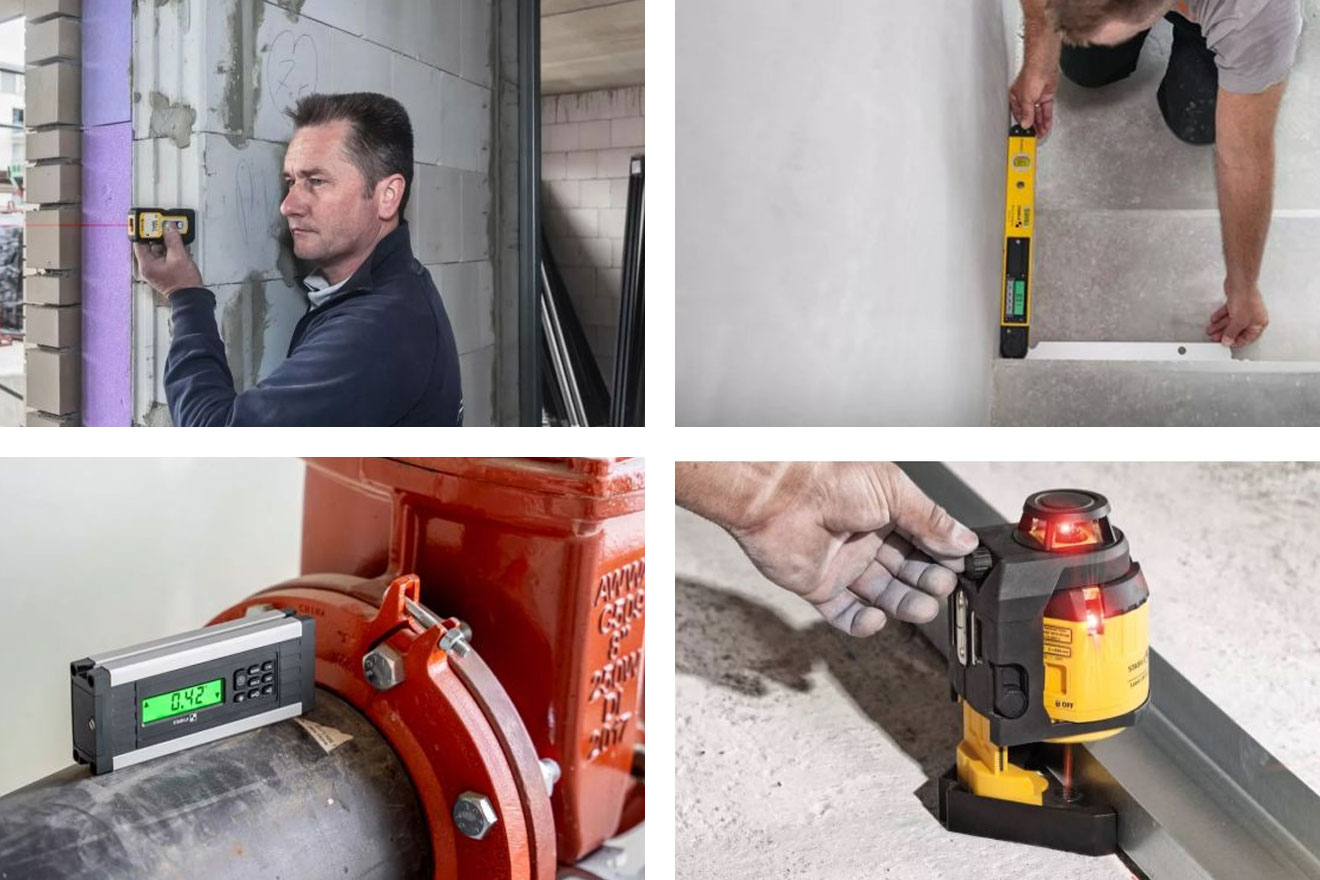 a photo collage of various Stabila tools being used on construction sites