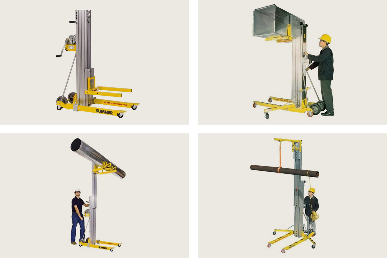 an image showing a collage of different Sumner material lifts in use to lift heavy materials
