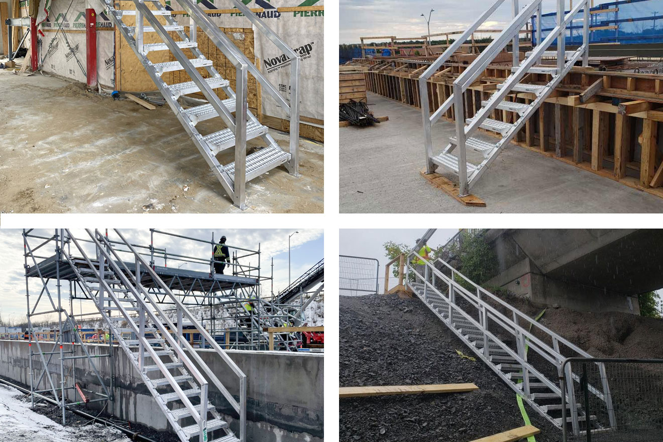 a photo collage of the Metaltech Smartstairs in action on several jobsites