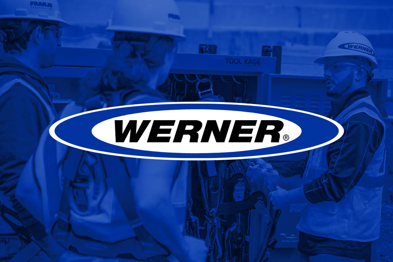 a graphic showing workers on a jobsite with a blue color overlay and the Werner logo on top