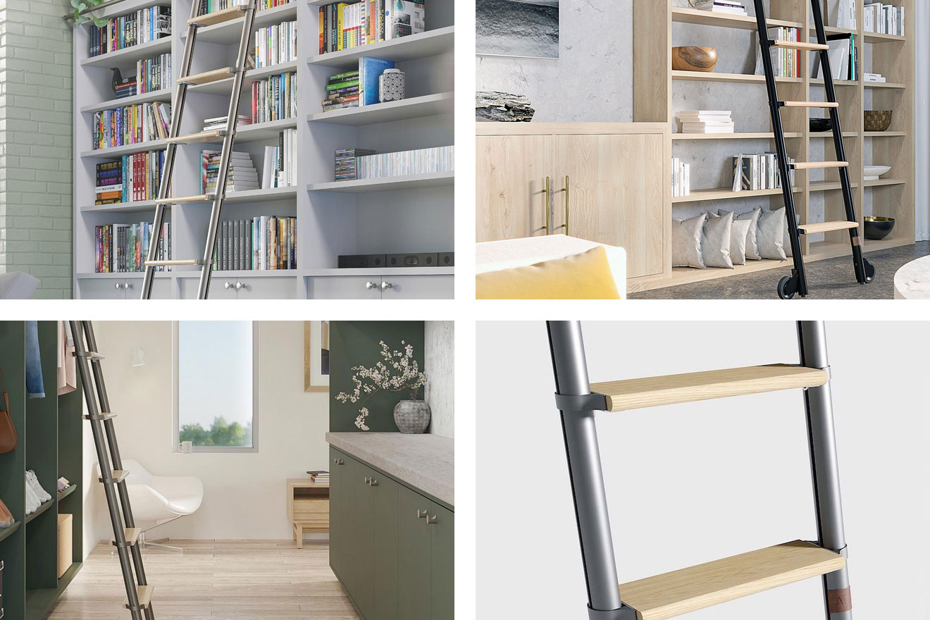 a collage of the new Alta Rolling Library Ladder Kit