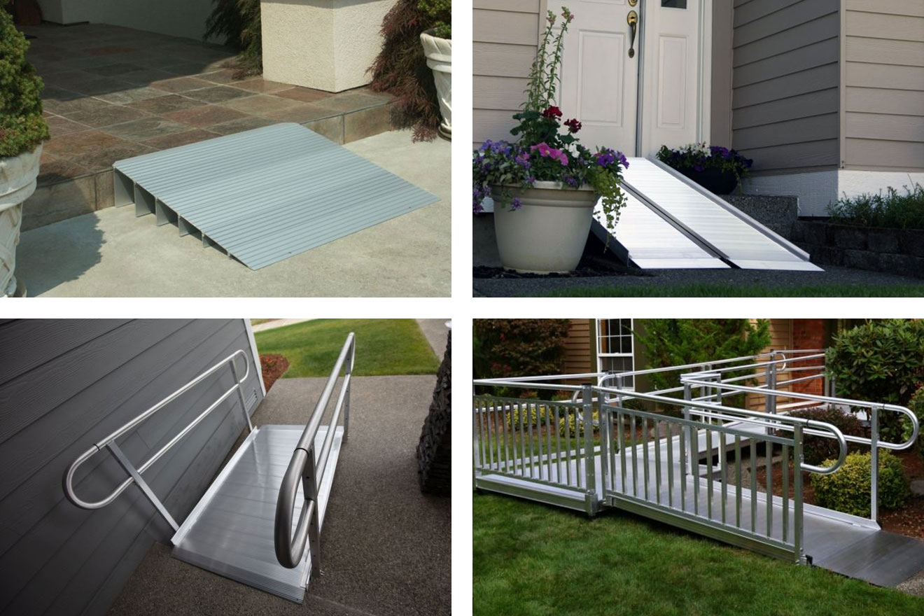 an image showing a collage of EZ-ACCESS modular ramps installed outside homes and businesses