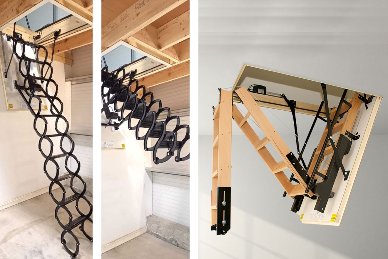 a photo collage of the base model Skylark attic stair and the Skylark Concertina attic stair