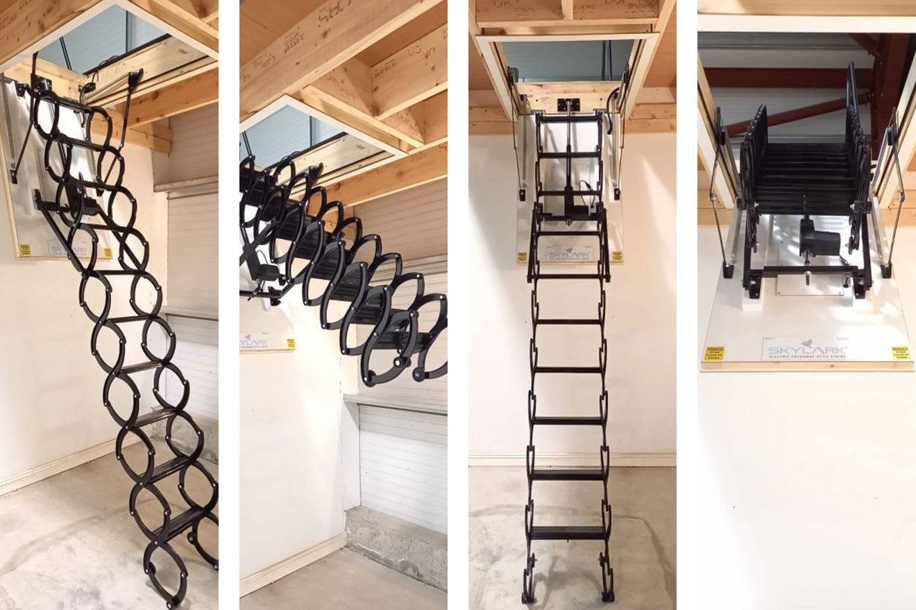 a collage of the Concertina stair opening from and retracting into a ceiling opening