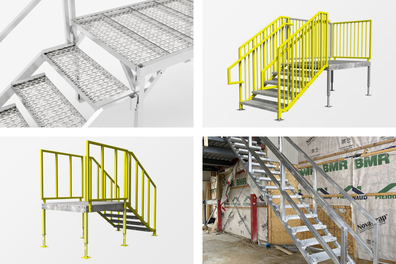 a photo collage showing various temporary and portable stair products